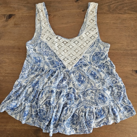 Free People Linen Cotton Blend Floral Lace Tank Blue White Size XS - Picture 1 of 7